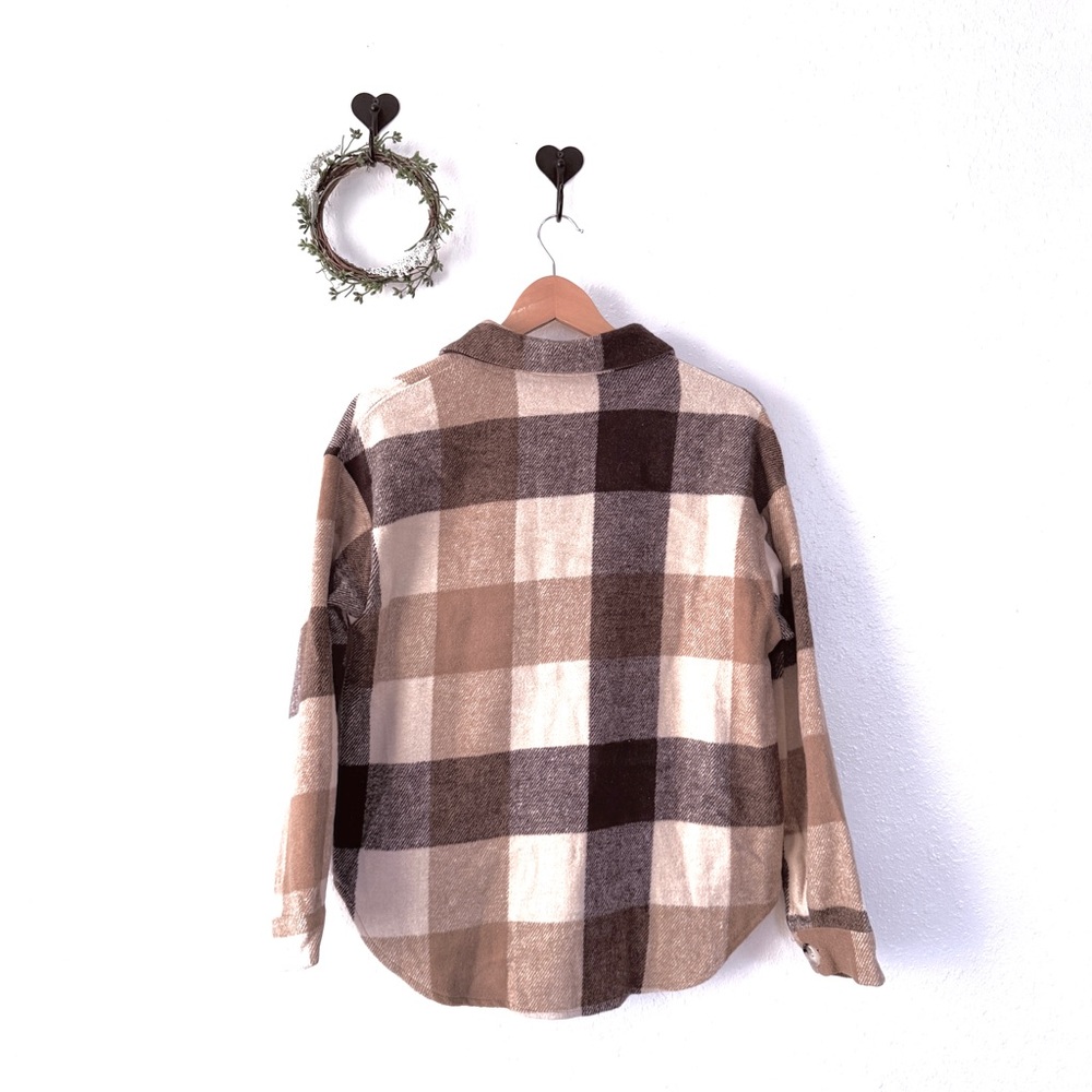 Madepants Brown Plaid Flannel Jacket Shacket Oversized Cozy Winter Layer S/M - Picture 2 of 4